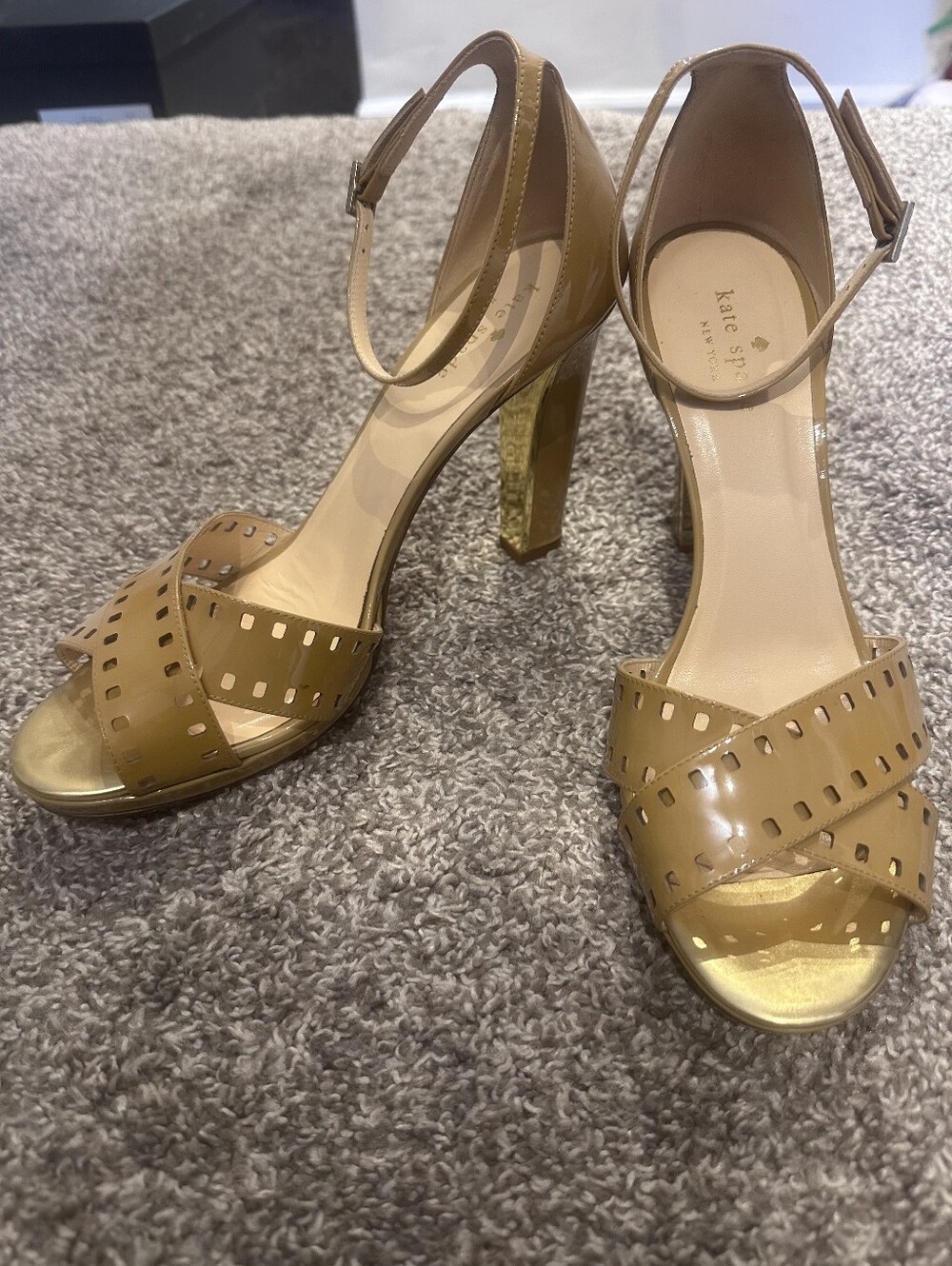 Kate Spade Patent Camel Tan Ankle-Strap Block Heels